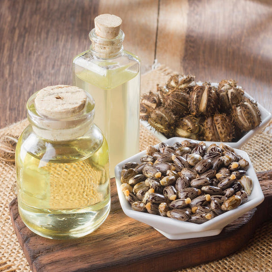 Natural Oils Plus Cold-Pressed Castor Oil product image with oil, seeds and pods